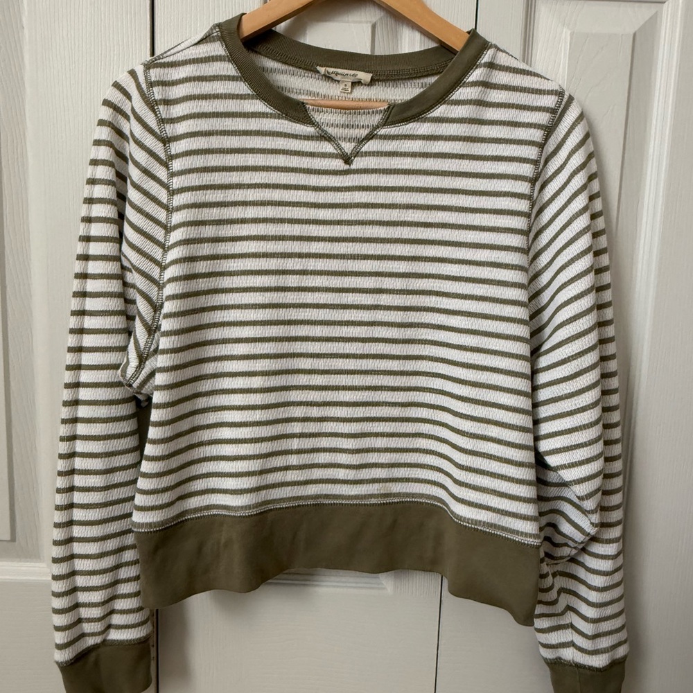 Madewell Sage green and white stripped crew